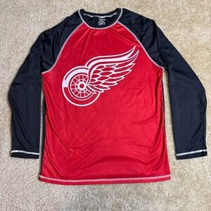 Detroit Red Wings NHL Perforamnce Shirt Mens M Red Black Colorblock Long Sleeve